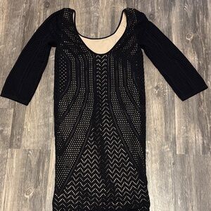Bebe Lace Crochet Overlay Black Nude Bodycon Mini Dress Party Cocktail Club P/S